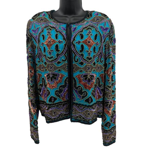 Papell Boutique Evening Trophy Jacket WMN M Blue Silk Sequin Beaded Vtg Brocade - Picture 2 of 14